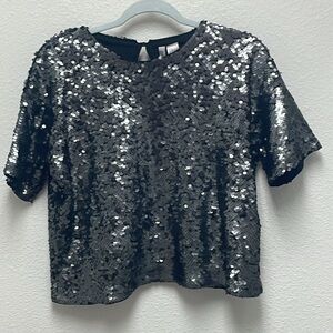 Divided H&M Silver Gray Sequin Fully Lined Black Top Size Medium